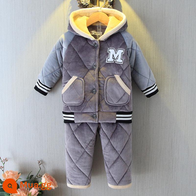 Bộ đồ ngủ trẻ em mùa đông dày bé trai và bé gái flannel cotton trẻ em nỉ san hô nhà đồng phục bóng chày - Mũ trùm đầu màu xám tay áo màu xám nhạt V