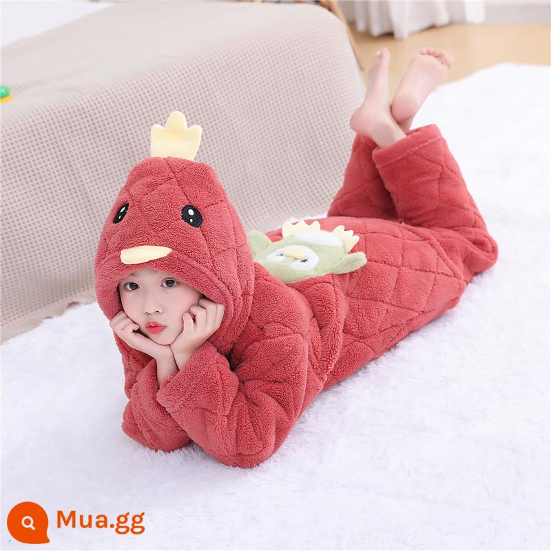 Bộ đồ ngủ trẻ em mùa đông dày bé trai và bé gái flannel cotton trẻ em nỉ san hô nhà đồng phục bóng chày - chim cánh cụt đỏ chu sa