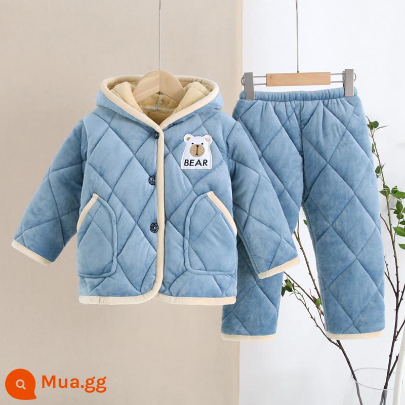 Bộ đồ ngủ trẻ em mùa đông dày bé trai và bé gái flannel cotton trẻ em nỉ san hô nhà đồng phục bóng chày - Mũ trùm đầu màu xám đậm màu xanh nhạt (tiêu chuẩn)