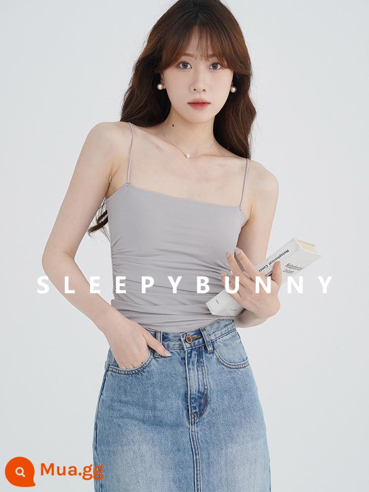 Sleepy Rabbit 2pcs-10 Tự Kèm Miếng Lót Ngực Miệng Dẹt Sling Áo Khoác Ngoài Đa Năng Mỏng Đồng Màu Vest Dệt Kim Mùa Hè Mặc Trong - xám