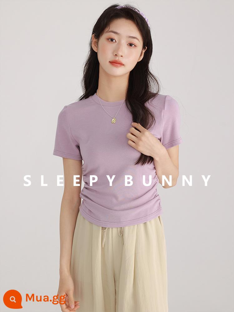 Sleepy Rabbit Cổ Tròn Trễ Vai Áo Thun Nữ Tay Ngắn Nữ Nhỏ Phong Cách Đơn Giản Eo Thon Ôm Ngắn Top - Taro Purple