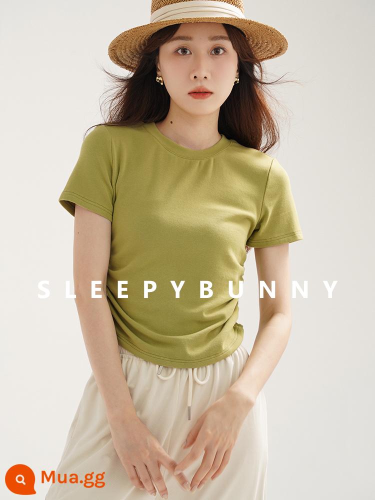 Sleepy Rabbit Cổ Tròn Trễ Vai Áo Thun Nữ Tay Ngắn Nữ Nhỏ Phong Cách Đơn Giản Eo Thon Ôm Ngắn Top - quả bơ xanh