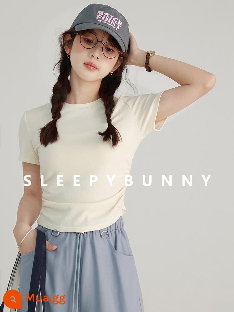 Sleepy Rabbit Cổ Tròn Trễ Vai Áo Thun Nữ Tay Ngắn Nữ Nhỏ Phong Cách Đơn Giản Eo Thon Ôm Ngắn Top - màu kem