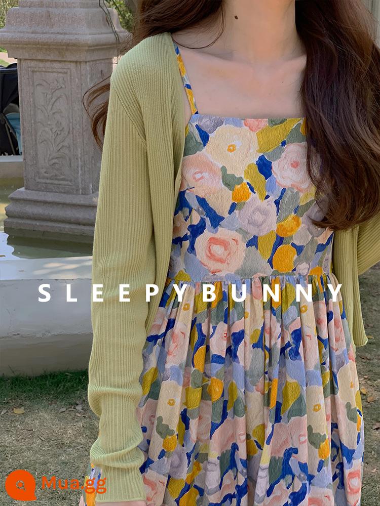 Áo Khoác Cardigan Dệt Kim Ngắn Sleepy Rabbit Mùa Hè 2023 Mỏng Cổ Chữ V Dài Tay Cho Nữ - Đốm xanh quả bơ