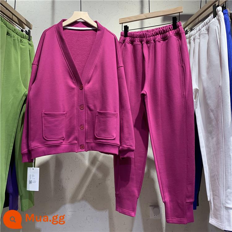 Mùa Xuân Và Mùa Thu 2022 Cotton Terry Thể Thao Và Giải Trí Áo Khoác Cardigan Và Quần Cotton Dày Dặn Bộ Hai Món Mỏng Và Size Lớn Nữ - Hoa hồng đỏ