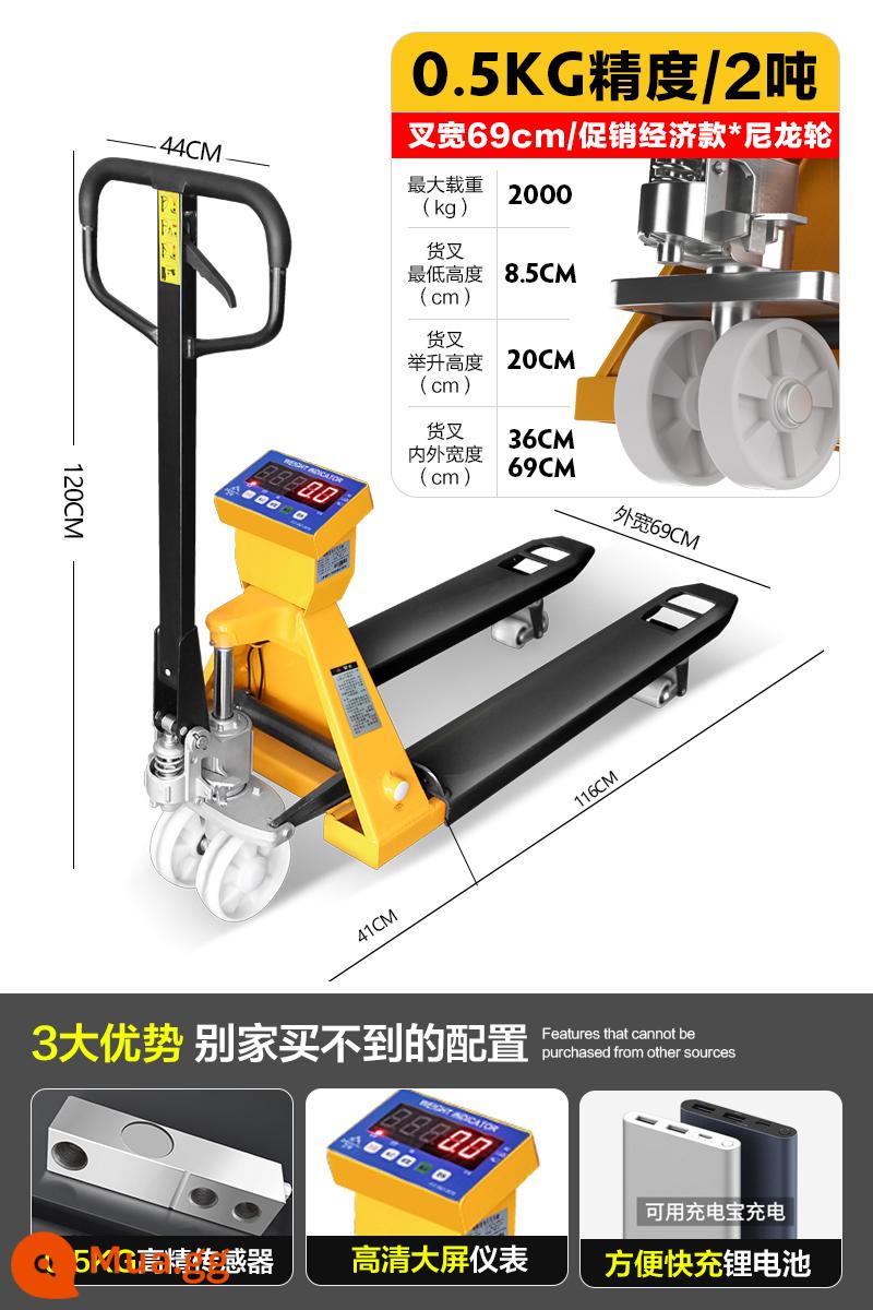 Cân điện tử xếp chồng 2 tấn 3 tấn sàn gia súc dây cân bằng tay thủy lực pallet xe tải dây cân sàn kho bãi hậu cần - Độ chính xác 2 tấn 0,5kg [kiểu tiết kiệm] càng rộng 69cm