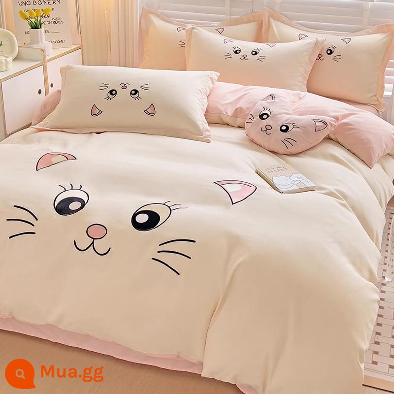 Bông đã giặt không phải cotton bông nguyên chất 4 mảnh trái tim cô gái chăn ga gối ký túc xá sinh viên 3 bộ giường ngủ - Mimi Cat-Sữa lắc trắng