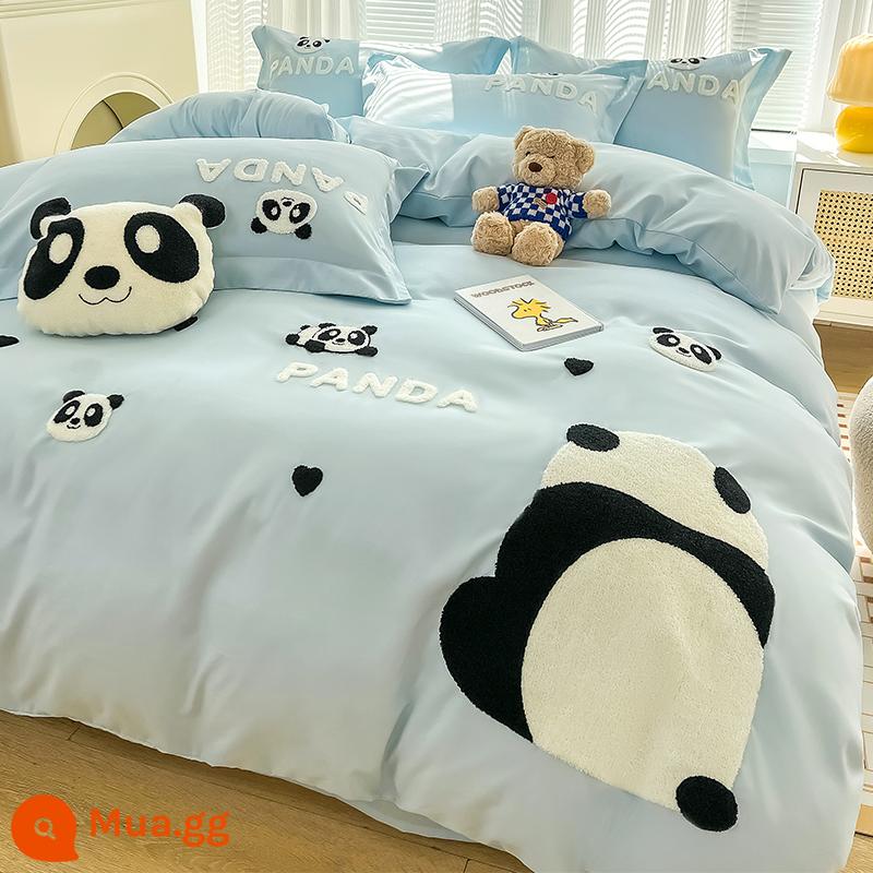 Bộ bốn mảnh cotton đã giặt sạch cotton nguyên chất không cotton 2024 phong cách mới giường ký túc xá đại học ba mảnh vỏ chăn 3 - M Panda Dudu-Sky Blue