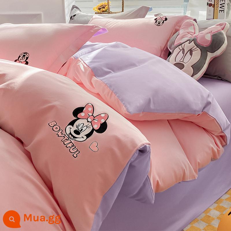 Bộ 4 giường ngủ Winnie the Pooh cotton 100 ga trải giường trẻ em hoạt hình Disney vỏ chăn bộ 3 món 4 - [Ủy quyền chính hãng của Disney]M Minnie