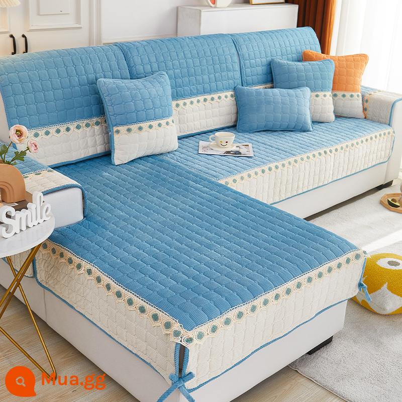 2022 Mới Vải Ren Sofa Đệm Mùa Đông Sang Trọng Đệm Chống Trơn Trượt Đa Năng Đa Năng Ghế Sofa Bao Vải Đệm - Lông đuôi - xanh