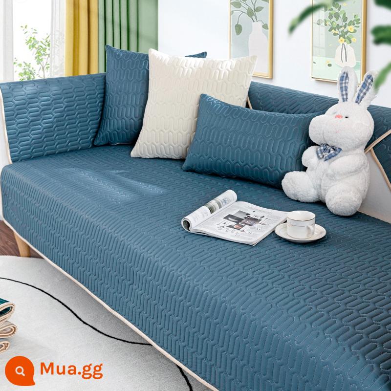 Cao su băng lụa sofa đệm mùa hè đệm đơn giản hiện đại đệm đệm màu nguyên chất bọc ghế sofa mùa hè vải bọc chống trượt - Tấm lót cao su màu xanh hải quân