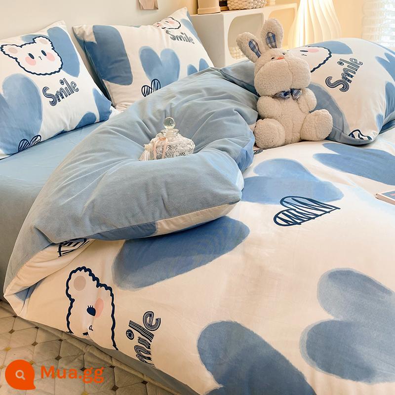 Phong Cách Bắc Âu Cotton Nguyên Chất Plus Nhung Giường 4 Bộ Nhung Sữa Chăn Ga Gối Cotton Mùa Đông Nỉ Dép Nỉ Vỏ Chăn Ga Gối - gấu trái tim màu xanh