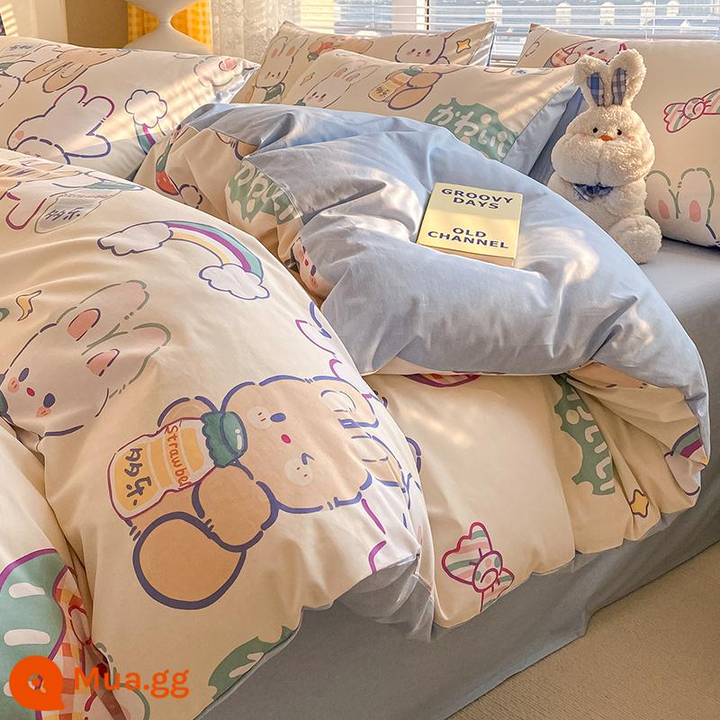 Ins hoạt hình cotton nguyên chất 100 cotton giường 4 bộ chăn ga gối dễ thương bé trai vỏ chăn 3 mảnh ga trải giường - Moriyukai