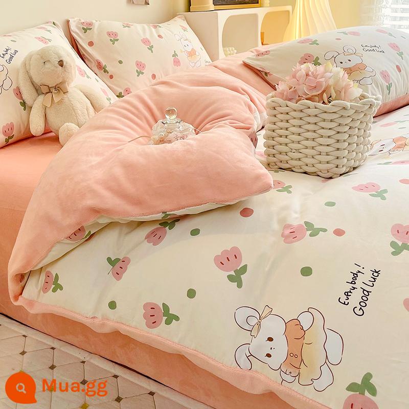 Phong Cách Bắc Âu Cotton Nguyên Chất Plus Nhung Giường 4 Bộ Nhung Sữa Chăn Ga Gối Cotton Mùa Đông Nỉ Dép Nỉ Vỏ Chăn Ga Gối - thỏ hoa tulip