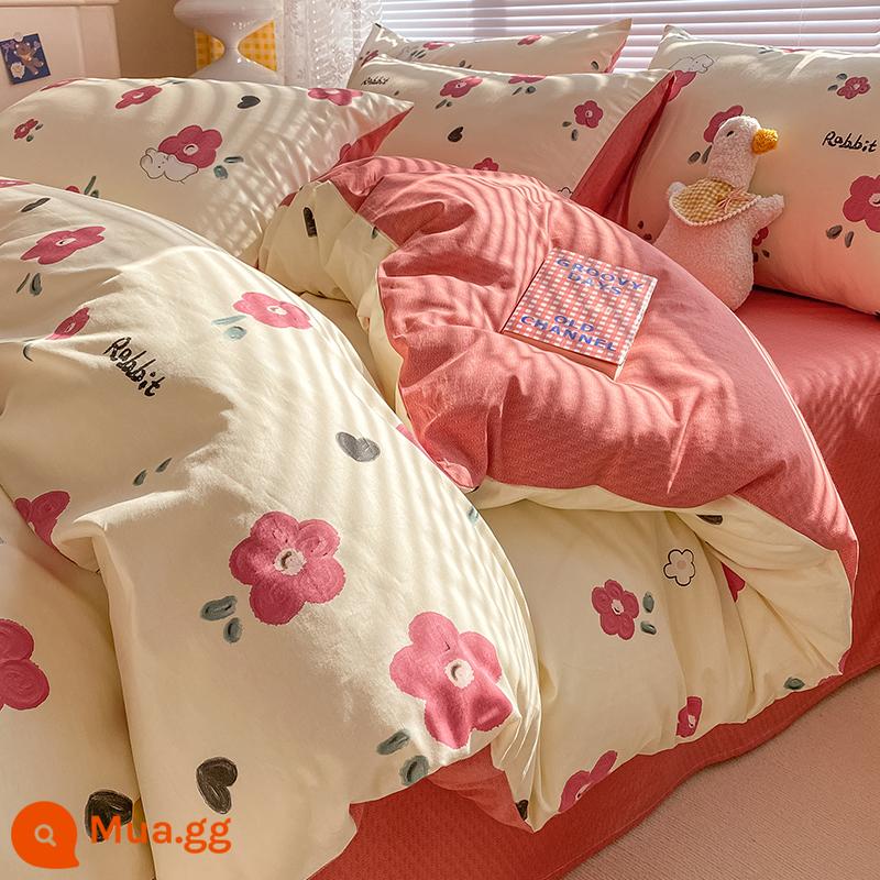 Ins hoạt hình cotton nguyên chất 100 cotton giường 4 bộ chăn ga gối dễ thương bé trai vỏ chăn 3 mảnh ga trải giường - Biển hoa thỏ