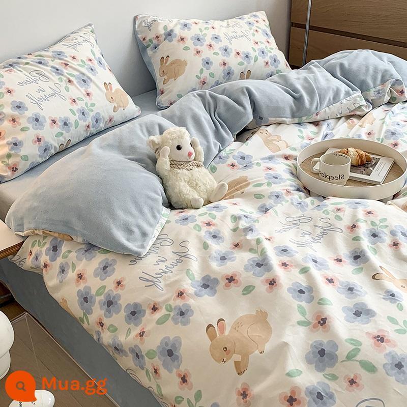 Phong Cách Bắc Âu Cotton Nguyên Chất Plus Nhung Giường 4 Bộ Nhung Sữa Chăn Ga Gối Cotton Mùa Đông Nỉ Dép Nỉ Vỏ Chăn Ga Gối - Nhung lông thỏ xanh