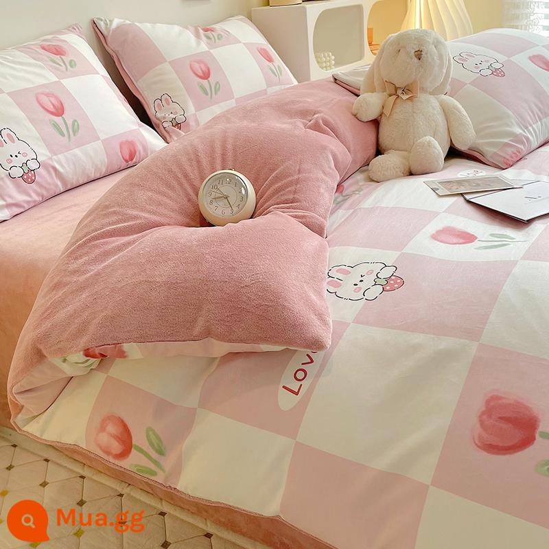 Phong Cách Bắc Âu Cotton Nguyên Chất Plus Nhung Giường 4 Bộ Nhung Sữa Chăn Ga Gối Cotton Mùa Đông Nỉ Dép Nỉ Vỏ Chăn Ga Gối - Thỏ hồng