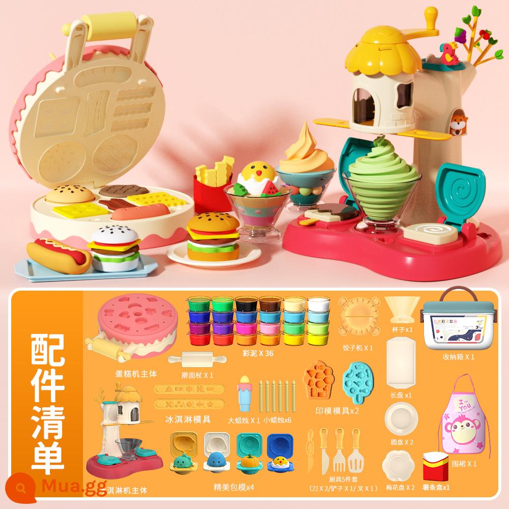 Hamburger plasticine không độc hại màu bùn trẻ em siêu nhẹ đất khuôn dụng cụ đất sét mô hình bé gái đồ chơi - 36 lon đất sét "kem + máy làm bánh mì kẹp thịt + hộp đựng" bộ 107 món [tạp dề miễn phí]