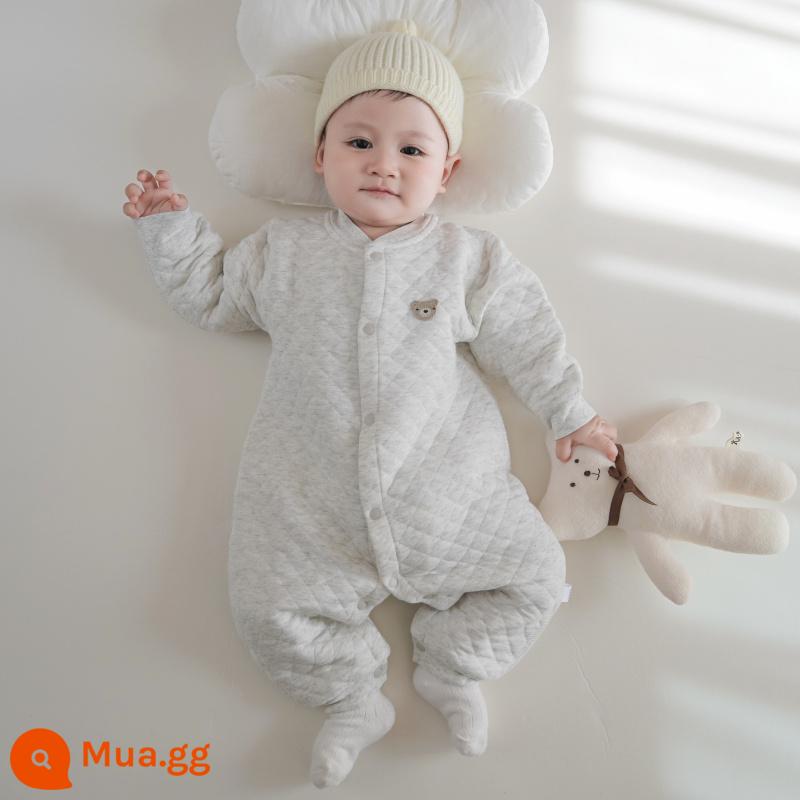 Áo liền quần chần bông cho bé mùa xuân và mùa thu đông cotton mỏng dài tay có đáy áo liền quần cotton không xương phù hợp với áo liền quần cotton - Bộ áo liền quần gấu bông màu xám