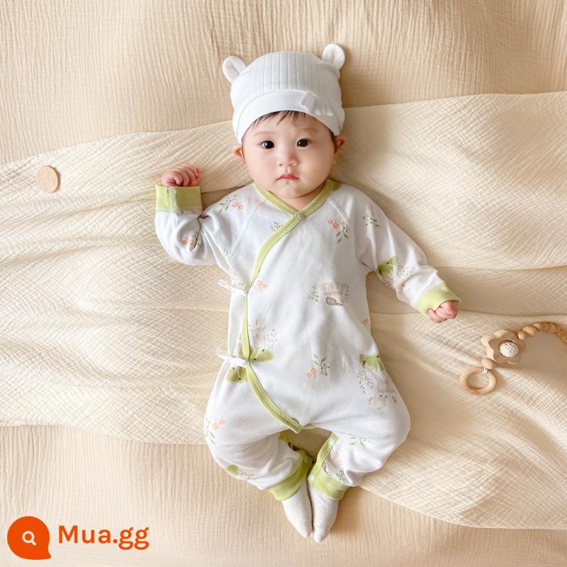 Quần áo trẻ em bốn mùa, xuân thu, áo liền quần bảo vệ bụng bé, bộ đồ cotton nguyên chất cho trẻ sơ sinh, áo nỉ dài tay, áo liền quần - Bộ áo liền quần bảo vệ bụng hươu rừng xanh