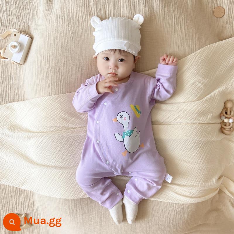 Bộ áo liền quần cotton nguyên chất cho bé, quần áo trẻ em mùa xuân thu, bộ áo liền quần dài tay hoạt hình bé trai và bé gái, quần áo trẻ mới biết đi cho tất cả các mùa - Bộ áo liền quần vịt ba chiều màu tím