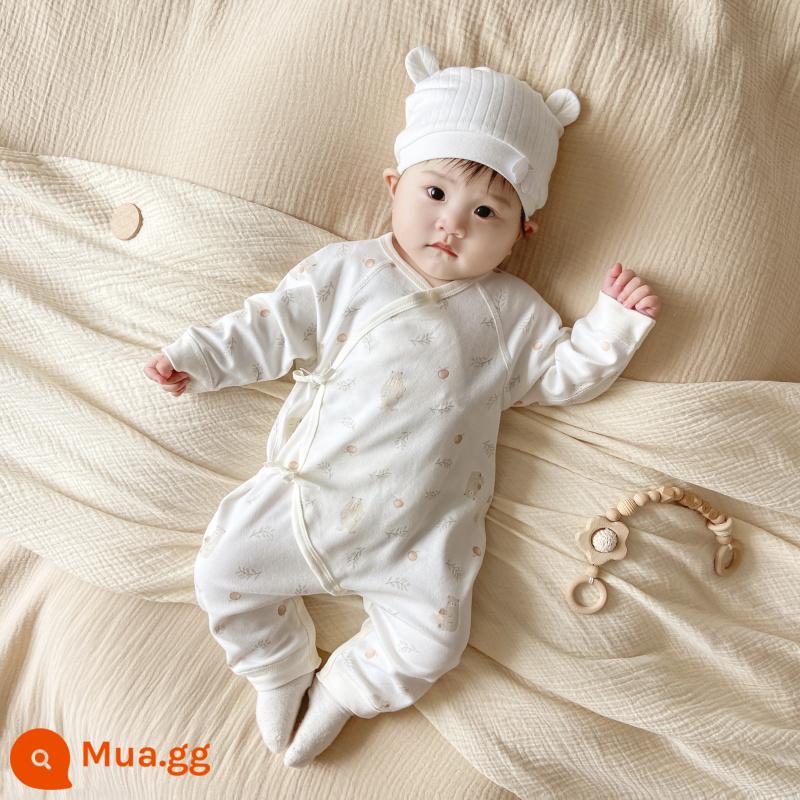 Quần áo trẻ em bốn mùa, xuân thu, áo liền quần bảo vệ bụng bé, bộ đồ cotton nguyên chất cho trẻ sơ sinh, áo nỉ dài tay, áo liền quần - Bộ áo liền quần bảo vệ bụng gấu Honeypot màu trắng