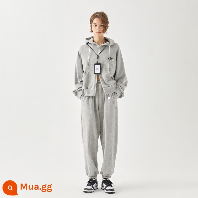 Nhan Triều Thương Hiệu Giày Thể Thao Nữ Xuân Thu 2023 Mới Rời Hoodie 2 Bộ - Phong cách xuân thu hoa màu xám