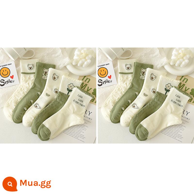 Tất gấu xanh đến giữa bắp chân nữ cotton nguyên chất mùa thu phiên bản Hàn Quốc tất đa năng dễ thương học sinh thể thao phong cách Nhật Bản xuân thu - 10 đôi [gấu xanh]