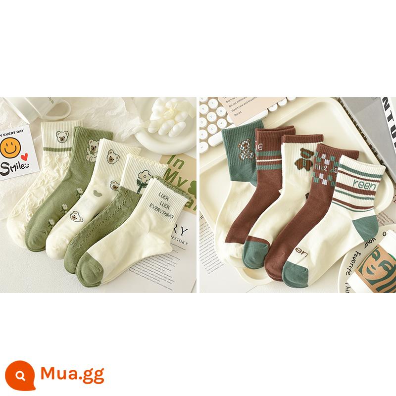 Tất gấu xanh đến giữa bắp chân nữ cotton nguyên chất mùa thu phiên bản Hàn Quốc tất đa năng dễ thương học sinh thể thao phong cách Nhật Bản xuân thu - Gấu xanh + gấu hung bạo cà phê 10 đôi