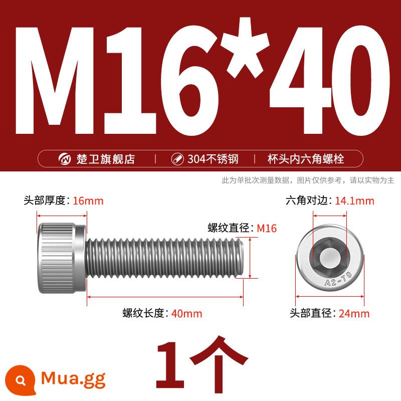 Thép không gỉ 304 cốc đầu lục giác vít đầu trụ vít nối dài 10mm bu lông M2M3M4M5M6M8 - M16*40 (1 cái)