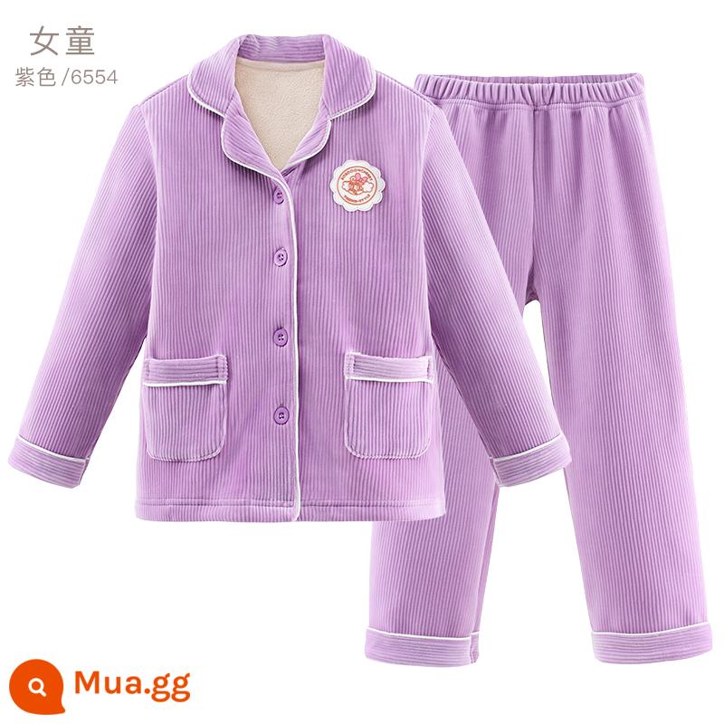 Babudou Bộ Đồ Ngủ Trẻ Em Bé Trai Thu Đông Cotton Dày Dặn Bé Gái Bộ Đồ Mặc Nhà Phù Hợp Với Bé Trai Bé Lớn Trẻ Em - [Cổ áo vest nhung 149 nhân dân tệ] Cô gái màu tím