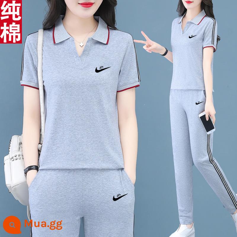 Trang web chính thức quần áo thể thao có ve áo phù hợp với phụ nữ mùa hè 2023 mới cotton slim quần ngắn tay giản dị hai mảnh - xám