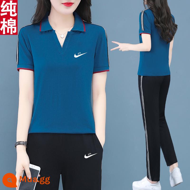 Trang web chính thức quần áo thể thao có ve áo phù hợp với phụ nữ mùa hè 2023 mới cotton slim quần ngắn tay giản dị hai mảnh - con công màu xanh