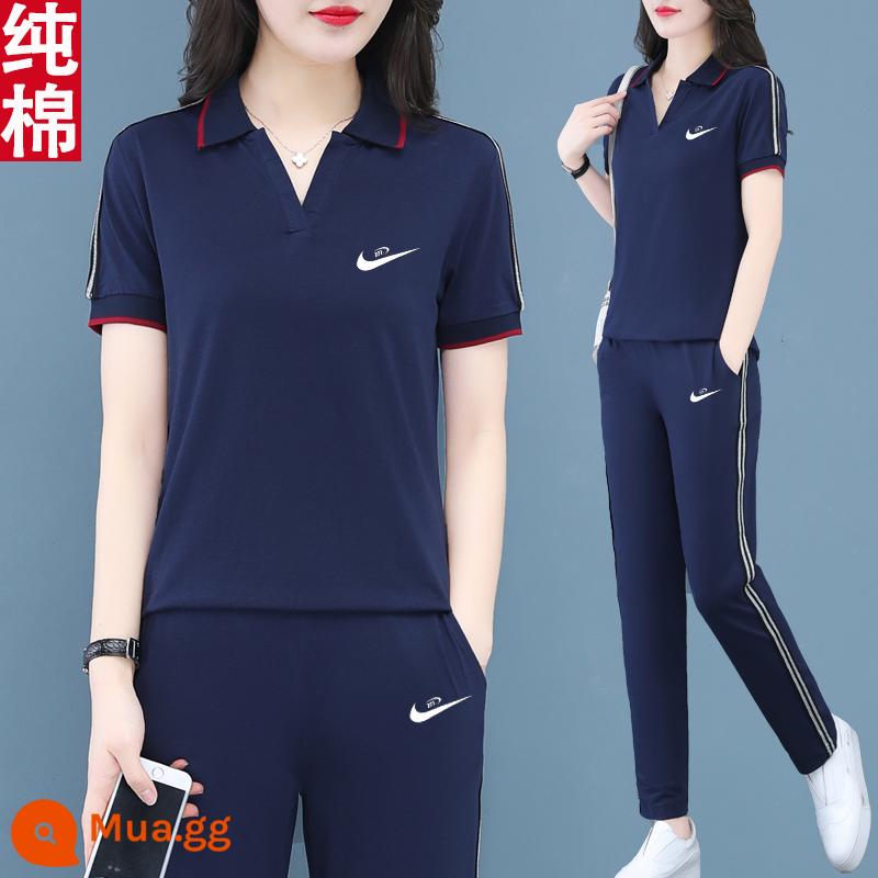 Trang web chính thức quần áo thể thao có ve áo phù hợp với phụ nữ mùa hè 2023 mới cotton slim quần ngắn tay giản dị hai mảnh - xanh đậm