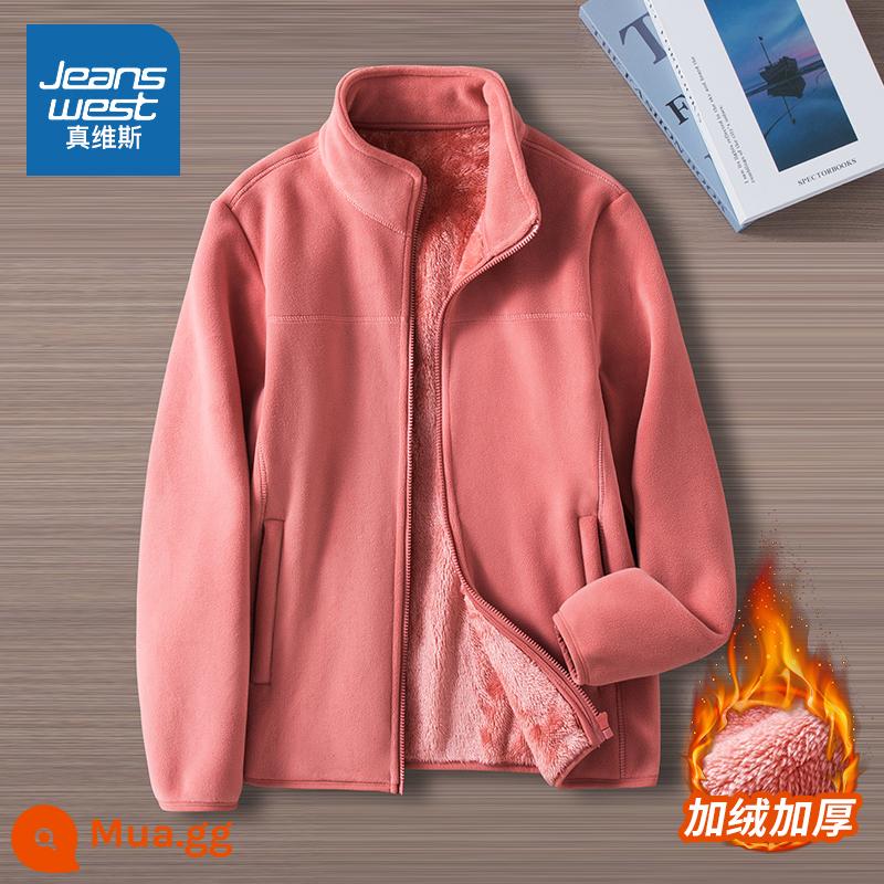 Áo khoác nhung cừu Jeanswest dành cho nữ trong mùa thu đông nhung dày 2 mặt cardigan của cặp đôi áo khoác lông cừu lót chữ T cotton dày - Màu đỏ hồng nữ