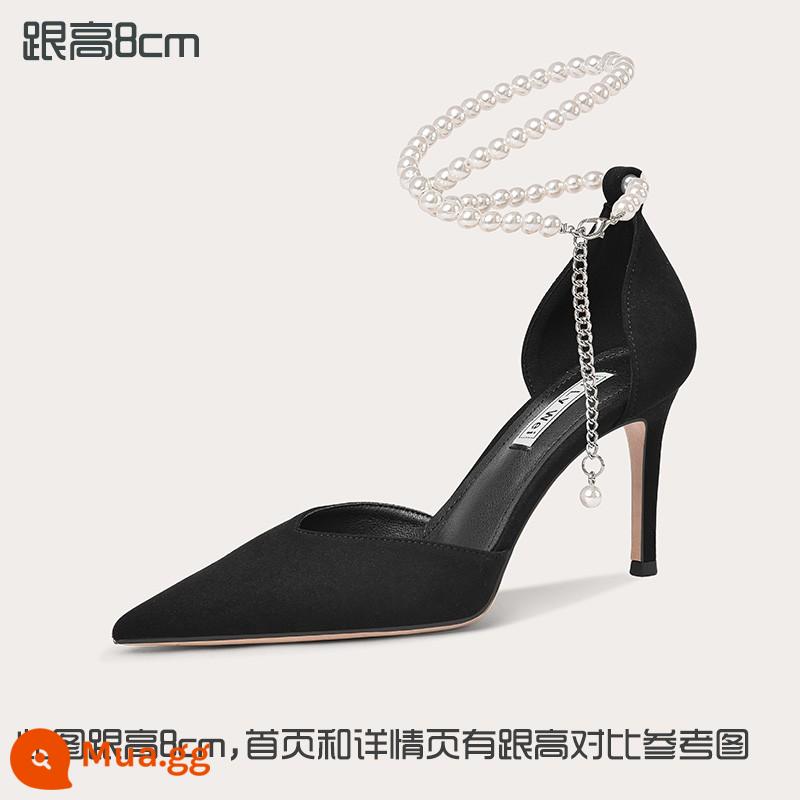 Lily Wei2023 giày cao gót ngọc trai mùa hè size lớn 40-43 gót đẹp 41 xăng đan nữ size nhỏ 313233 Baotou - Đen [chiều cao gót 8 cm]