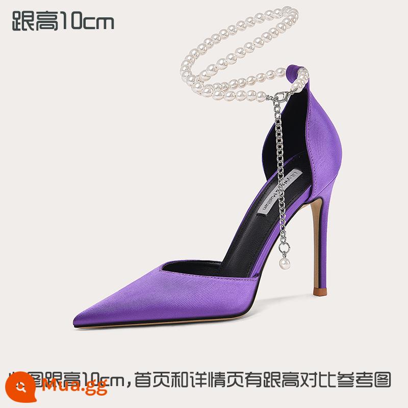 Lily Wei2023 giày cao gót ngọc trai mùa hè size lớn 40-43 gót đẹp 41 xăng đan nữ size nhỏ 313233 Baotou - Màu tím [gót cao 10 cm]