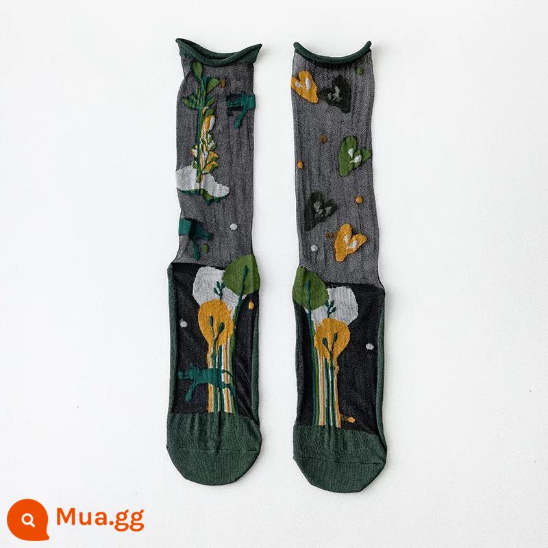 CrazySox tất nghệ thuật mới của Pháp dành cho nữ, tất thủy tinh bất đối xứng mỏng AB, tất dài đến giữa bắp chân cho nữ - tình yêu xanh đậm