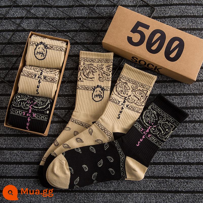 CrazySocks Ba Đôi Tất Dành Cho Nam Thiết Kế Ban Đầu Barb Nhăn Nhó Hoa Điều Ống Dài Tất Thể Thao Dành Cho Nữ - Khaki nhăn mặt+nhãn kaki+nhãn đen