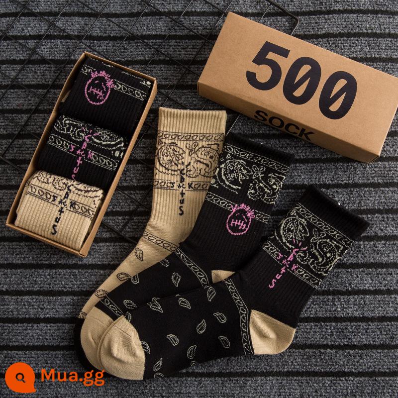 CrazySocks Ba Đôi Tất Dành Cho Nam Thiết Kế Ban Đầu Barb Nhăn Nhó Hoa Điều Ống Dài Tất Thể Thao Dành Cho Nữ - Nhãn kaki + nhăn mặt đen + nhãn đen