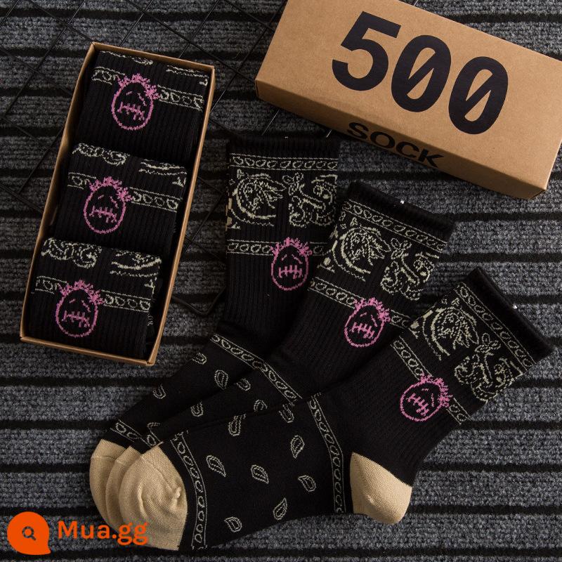 CrazySocks Ba Đôi Tất Dành Cho Nam Thiết Kế Ban Đầu Barb Nhăn Nhó Hoa Điều Ống Dài Tất Thể Thao Dành Cho Nữ - 3 cặp mặt đen