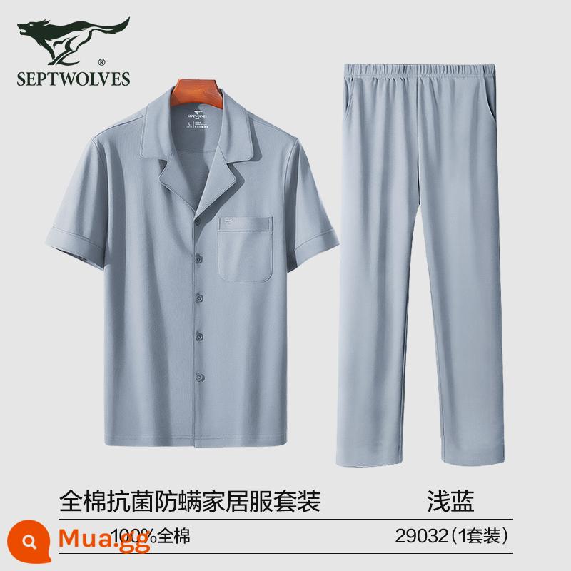 Bộ đồ ngủ nam Septwolves Mẫu mùa xuân và mùa thu cho nam Cotton nguyên chất Mỏng 100% cotton Bộ đồ mặc nhà ngắn tay mùa hè Có thể mặc bên ngoài - [Bộ đồ ngắn tay 100% cotton] xanh nhạt