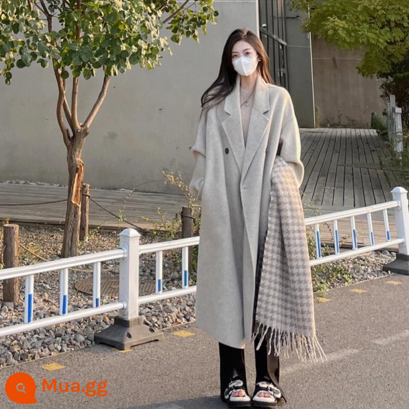 Áo khoác cashmere hai mặt nữ mùa đông mới 2022 Khí chất Hàn Quốc Áo khoác len dày dài vừa phải phong cách Hepburn - màu bột yến mạch