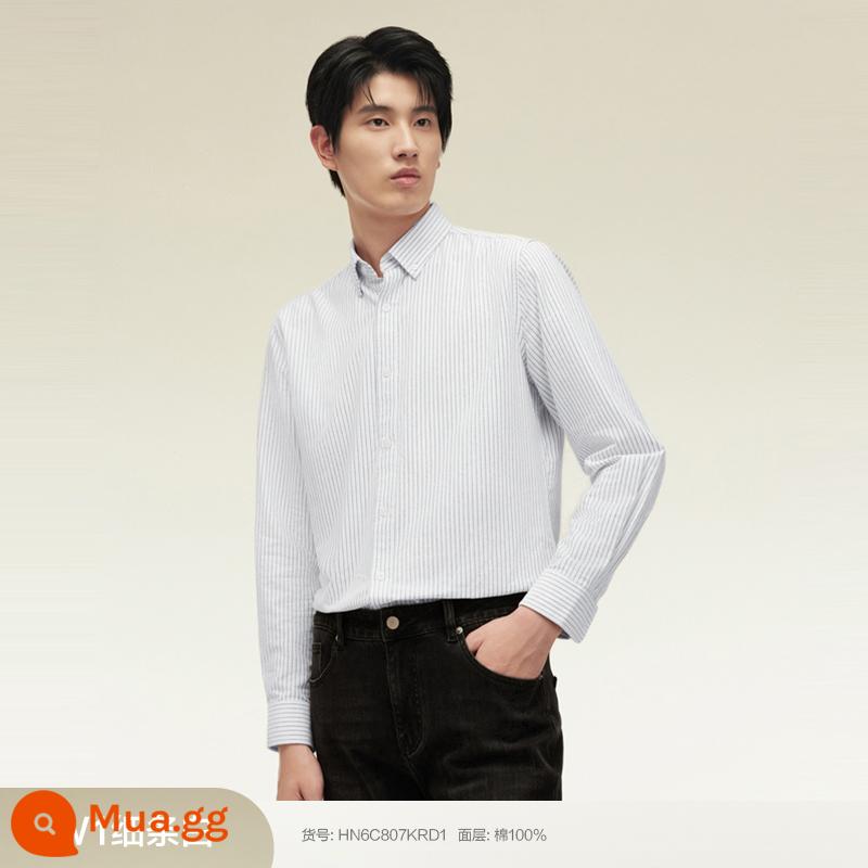 [100% Cotton] Áo Sơ Mi Đậu Đỏ Nam Dài Tay Mùa Xuân Mới Phong Cách Doanh Nhân Sọc Oxford Áo Sơ Mi Trắng - Phong cách mùa xuân trắng sọc trắng của W1