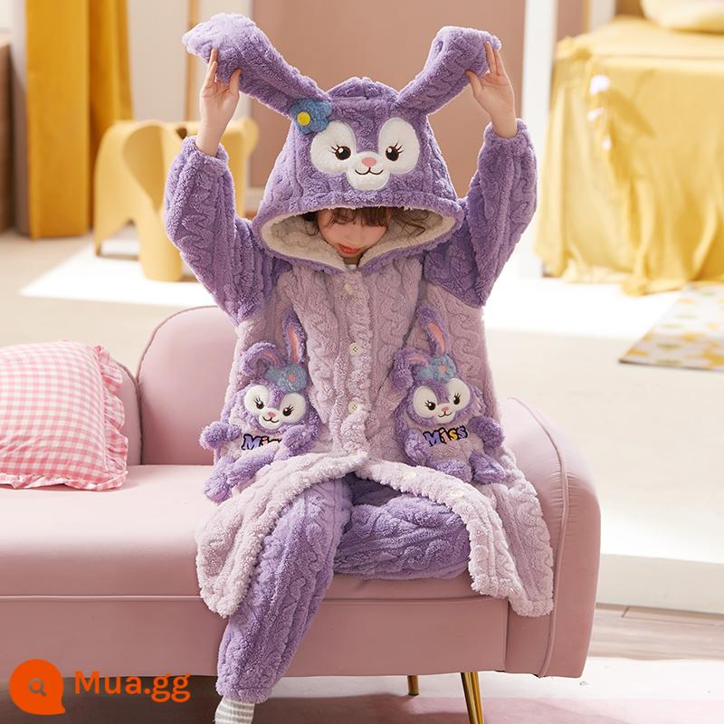 Nữ pyjamas có hương vị cho trẻ em mùa thu và mùa đông cộng với nhung dày san hô cô gái trung bình Phiên bản dài 2022 Bộ đồ quần áo gia đình - 32082[áo ngủ + quần]