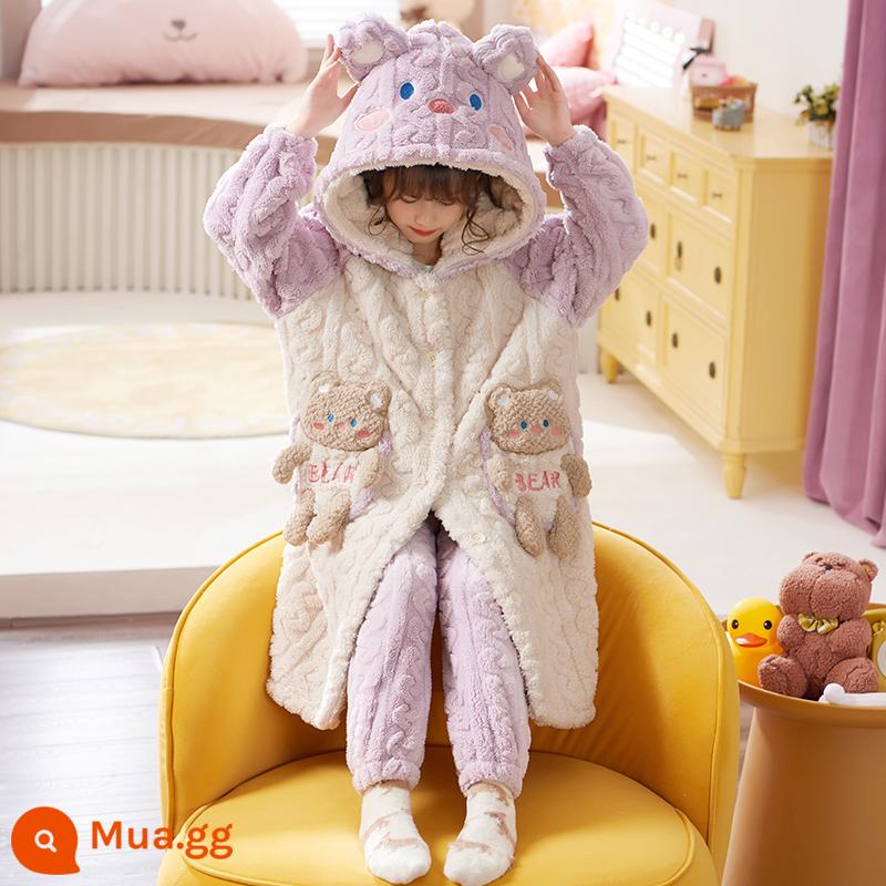 Nữ pyjamas có hương vị cho trẻ em mùa thu và mùa đông cộng với nhung dày san hô cô gái trung bình Phiên bản dài 2022 Bộ đồ quần áo gia đình - 32062[áo ngủ + quần]