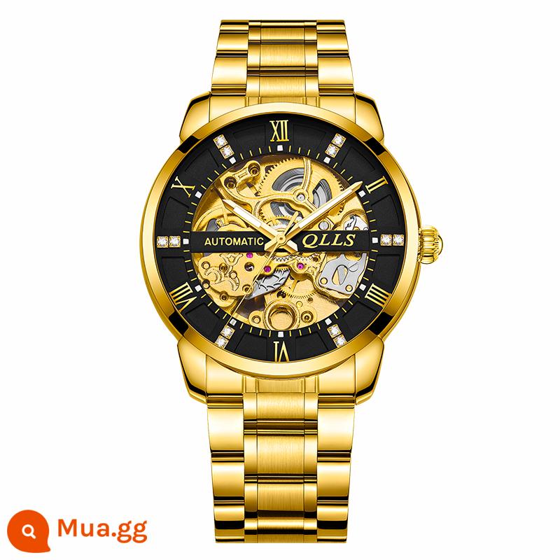 Mới 2023 Nam Đồng Hồ Cơ Tự Động Chính Hãng Dạ Quang Chống Nước Rỗng Tourbillon Học Sinh Trung Học Nam Đồng Hồ - Dây đai thép-vỏ vàng mặt đen-8075-bảo hành trọn đời