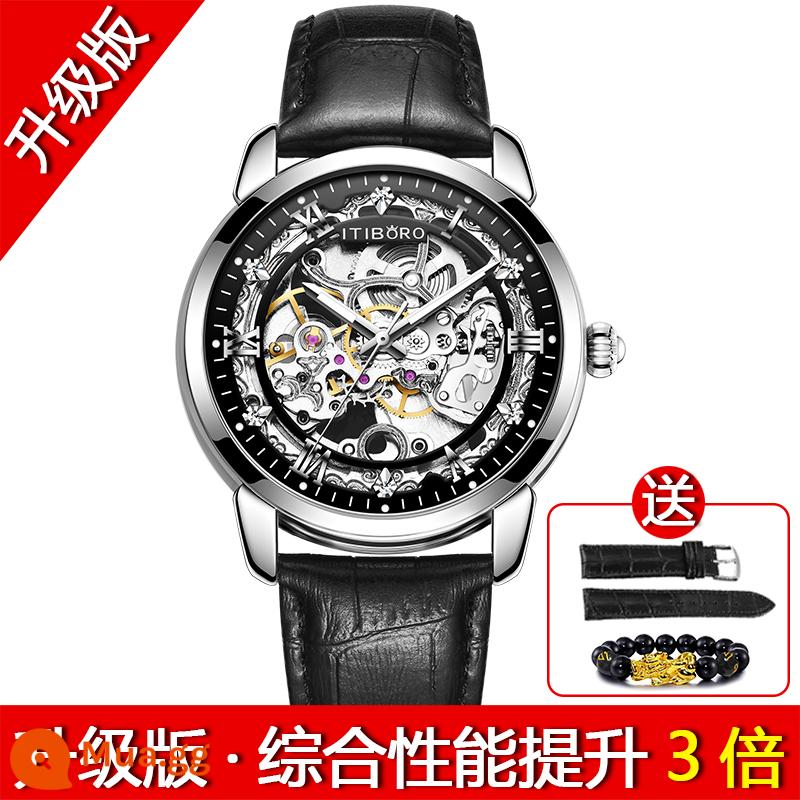 2022 Đồng Hồ Mới Nam Cơ Hoàn Toàn Tự Động Rỗng Chống Nước Dạ Quang Tourbillon Sinh Viên Thi Nam - (Phiên bản nâng cấp) Vỏ bạc, mặt đen, đai đen