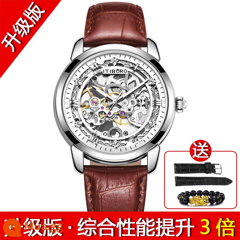 2022 Đồng Hồ Mới Nam Cơ Hoàn Toàn Tự Động Rỗng Chống Nước Dạ Quang Tourbillon Sinh Viên Thi Nam - (Phiên bản nâng cấp) Vỏ bạc, mặt trắng, đai nâu