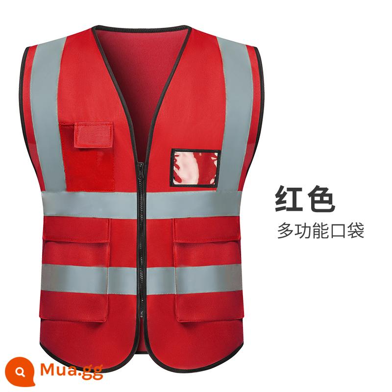 Bản gốc áo vest an toàn phản quang rộng vest công trường giao thông công nhân xây dựng lưới bảo vệ an toàn đường bộ in quần áo phản quang - Áo phản quang nhiều túi màu đỏ lớn [Một cỡ XL]